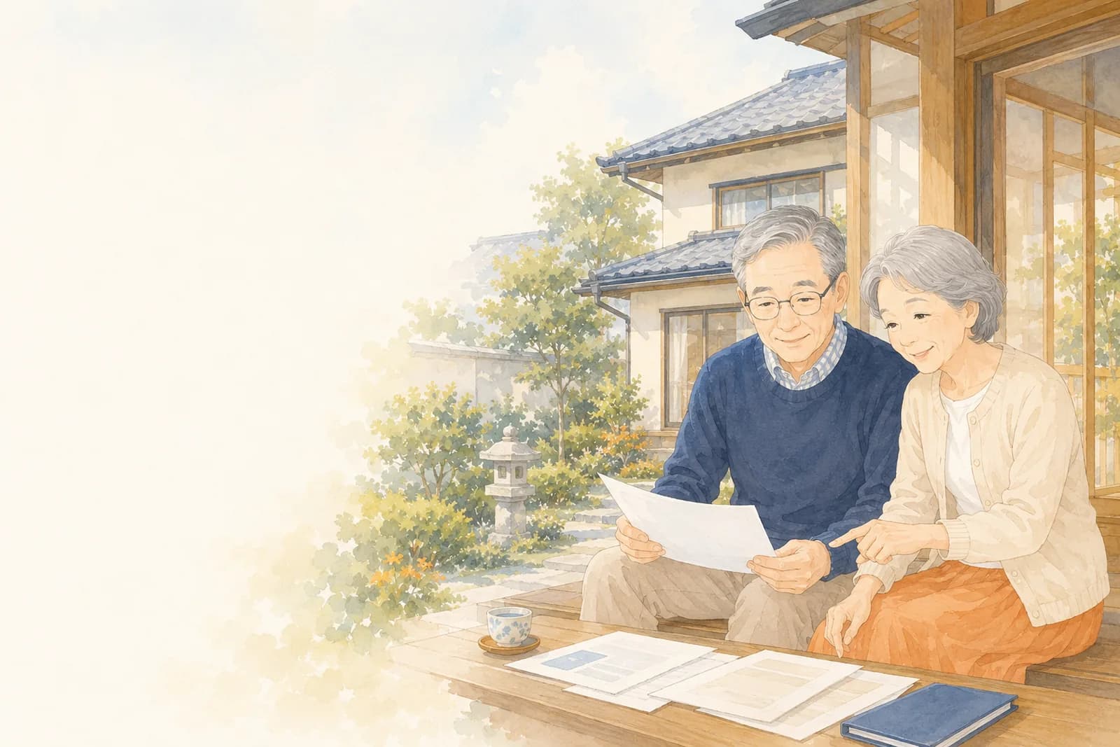 机の上に広げた戸籍書類と申請書、傍らに家の模型。相続登記を自分で進めるイメージ