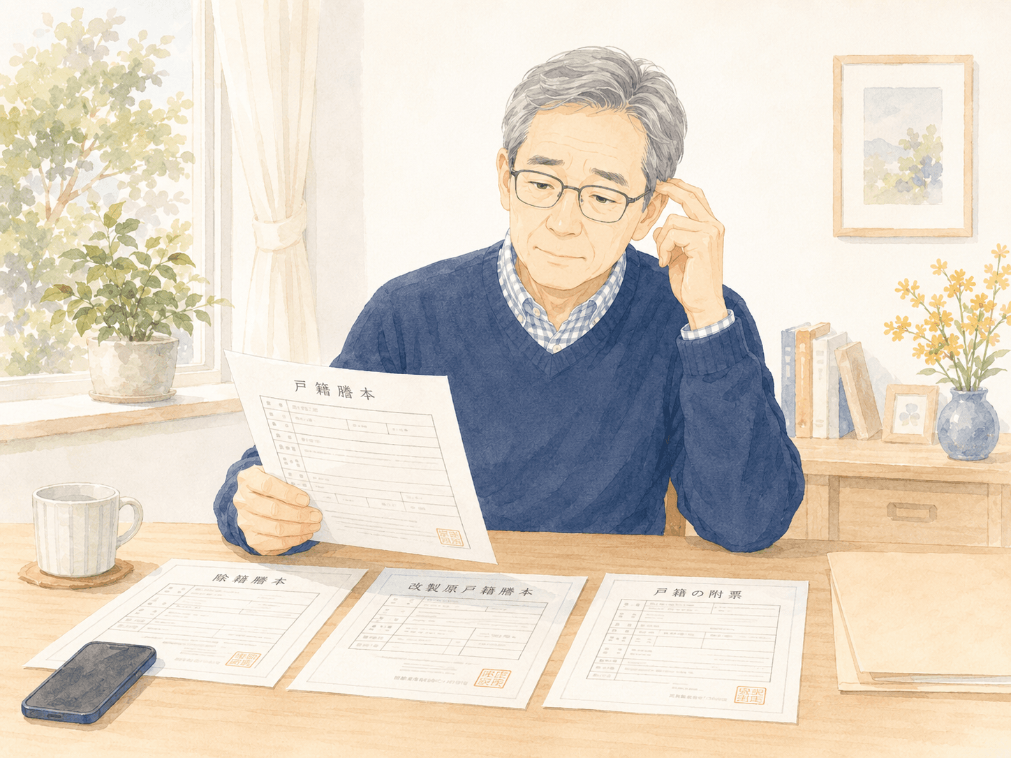 戸籍書類を前に悩む方のイラスト